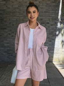 DAZY Women's Collared Cardigan And Cropped Casual Urban 2 Pieces Set - Pink - View 3