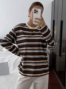 Livesso 女士休闲通勤条纹圆领T恤，秋季 - 棕色 - 查看 3