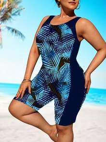 Swim SPRTY Women Plus Size Sleeveless Random Print Patchwork One Piece Swimsuit, Fashionable Sports Swimwear Vacation One-Piece For Summer - Multicolor - View 3