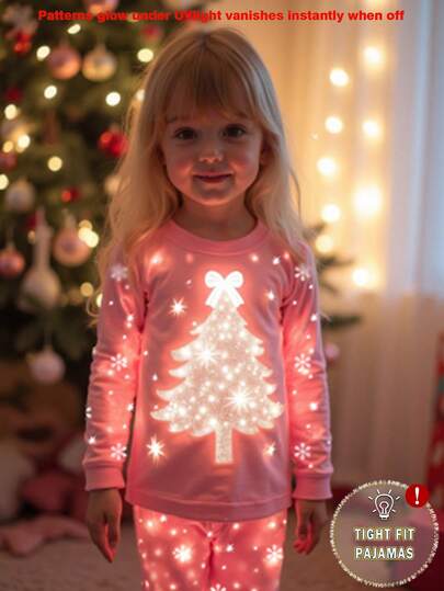 SHEIN Perso Play 1set Baby Girls' Christmas Themed Glow-In-The-Dark Christmas Tree & Snowflake Print Tight Fit Long Sleeve Top And Pants Pajama Set, Spring/Autumn, Holiday Gift Toddler Girl Christmas Snug Fit