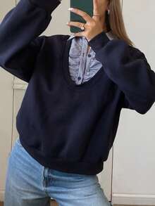 DAZY Sweatshirt Kasual Wanita Lengan Panjang Longgar Kerah Lipat Motif Garis-Garis Patchwork Fleece 2 in 1, Musim Gugur/Dingin - Biru - View 4
