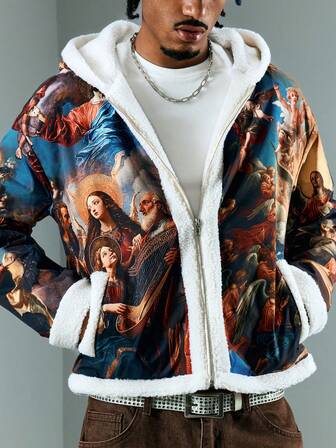 Street Life Chaqueta con capucha con forro térmico y estampado religioso retro para hombre, moda de invierno