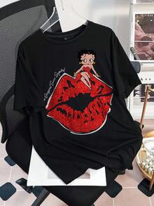 Betty Boop x SHEIN 女士休闲宽松圆领短袖T恤，适合夏季 - 黑色 - 查看 3