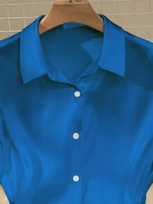 GlowEve Camisa de manga larga con botones delanteros y decoración de cadena metálica, color azul sólido, para otoño - azul real - Ver 5