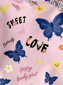 1 件女童可爱蝴蝶花朵字母印花连帽运动衫，时尚休闲上衣，适合年轻女孩，春秋季 - 彩色 - 查看 5