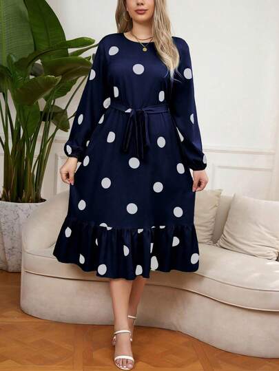 SHEIN LUNE Plus Size Women's Polka Dot Print Ruffled Hem Dress, For Christmas Maxi Women Outfit