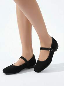 Zapato Mary Jane para mujer de tela mate, punta cuadrada, hebilla, tacón bajo, estilo francés elegante para oficina y uso diario - Negro - Ver 3