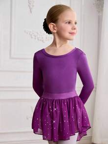 2pcs/Set Young Girl Sequin Hem Long Sleeve Sheer Ballet Dance Dress - Purple - View 5