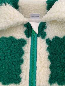 SHEIN 1 szt. Zimowa, modna, swobodna, prosta kurtka w kolorze morelowym z zielonym wzorem w kratę, z kołnierzem z futra i długim rękawem, odpowiednia do szkoły i codziennego noszenia