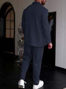 Manfinity Homme Men's Solid Color Single-Breasted Long Sleeve Suit Jacket And Pocket Decorated Suit Pants Set - Navy Blue - View 2