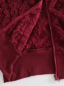 Sparklyn 1 件女童连帽拉链短款开衫夹克，针织纹理面料，秋季 - 酒紅色 - 查看 7