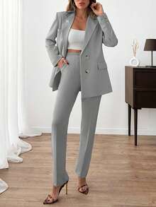 EURMUSE Women Solid Color Suit Sets Blazer Jacket And Pants Rhinestone And Button Front Detailed - Light Grey - View 4