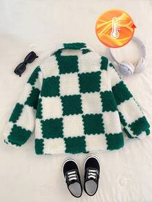 SHEIN 1 szt. Zimowa, modna, swobodna, prosta kurtka w kolorze morelowym z zielonym wzorem w kratę, z kołnierzem z futra i długim rękawem, odpowiednia do szkoły i codziennego noszenia