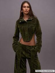 MUSERA High Neck Curved Hem Waist Fitted Flocked Jacket Co-Ord Top Only Autumn Fall Winter Night Out Going Out Streetwear Cute Back To School Sexy Uncut