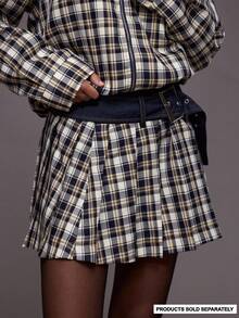 MUSERA 腰部饰有搭扣的格纹百褶迷你裙，仅适合夜间外出、街头风、可爱性感派对穿着 - 彩色 - 查看 1