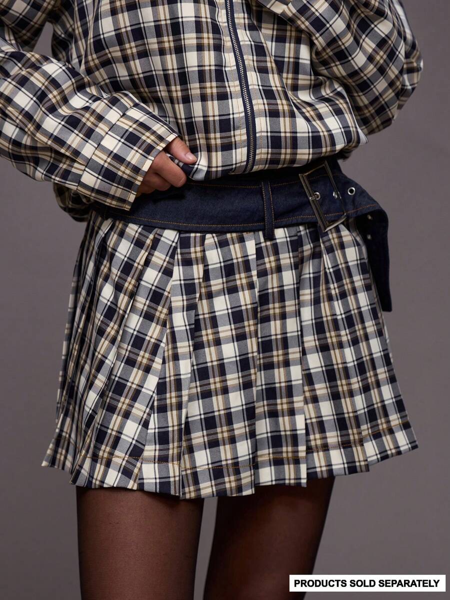 MUSERA 腰部饰有搭扣的格纹百褶迷你裙，仅适合夜间外出、街头风、可爱性感派对穿着 - 彩色 - 查看 1