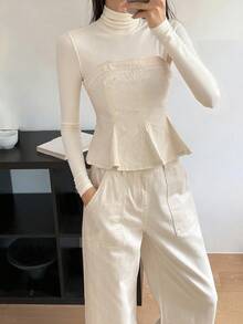 DAZY Conjunto de top tubo y jeans de unicolor casual para mujer, de verano - Beis - Ver 4