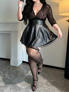 Vibekara Party Fall Autumn And Winter Christmas Plus Size Sexy PU Leather A-Line Lace Patchwork Dress - Black - View 4