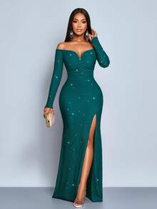 SOLERSUN Women's Fashionable Elegant V-Neck Off Shoulder Mermaid Hem Cocktail Party Night Club Bodycon Sexy Dress, Suitable For Christmas Party Vacation & Dating - Dark Green - View 7