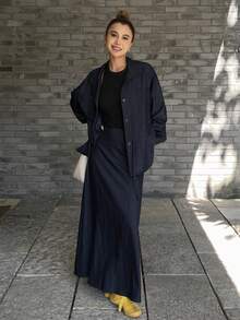 DAZY Women's Stand Collar Cinched Waist Waist Top And Long Skirt Casual 2 Pieces Set - Navy Blue - View 2