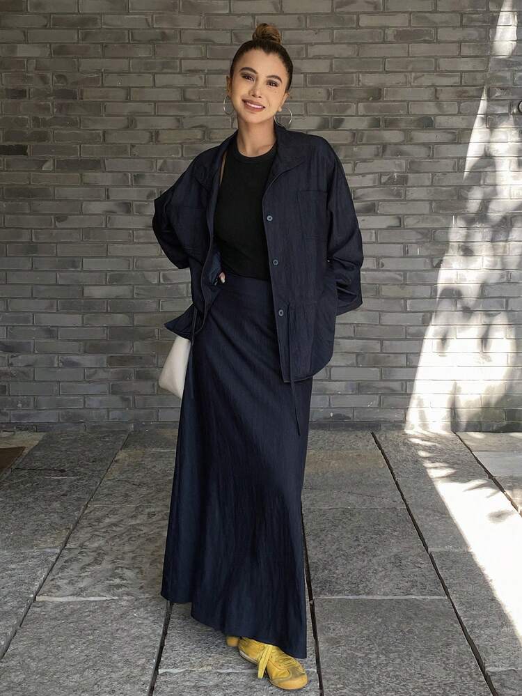 Women's Stand Collar Cinched Waist Waist Top And Long Skirt Casual 2 Pieces Set