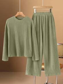 Rusticease 女式休闲纯色上衣和裤子两件套 - 綠色 - 查看 3