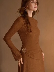 PREMIUM WOMEN'S STRUCTURED KNIT JERSEY FABRIC ELASTIC LONG SLEEVE ELEGANT DRESS - Multicolor - View 4