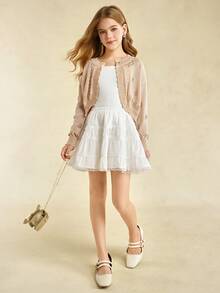 Áo len cardigan hở vai tay dài đơn hàng khuy đơn cho bé gái tuổi mới lớn - Màu be - Xem 3