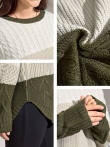 Momelise Plus Size Blogger-Inspired Colorblock Twist Rope Floral Pattern Loose Casual Crew Neck Long Sleeve Pullover Sweater, European & American Style