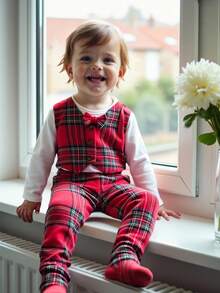 3pcs/Set Baby Boy Bodysuit, Bowknot Collar Long Sleeve Top, Gentleman V-Neck Vest, Plaid Suspender Harem Pants Outfit  Christmas Baby Boy Set  Autumn/Winter  Princess Halloween/Christmas Party  Dresses - Red - View 3