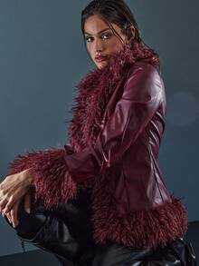 Denimoi Faux Fur Trim Faux Leather Jacket Fashionable Jacket Cold Weather Fur Coat Fur Jacket Sexy GNO Date Night Aspen Outfits Snow Outfits New York Winter Outfits - Red Violet - View 4