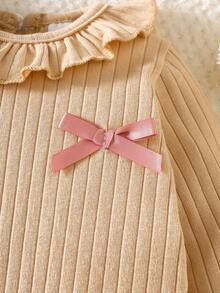 SHEIN Newborn Soft Cotton Crew Neck Bowknot Long Sleeve Top And Pants Set, Comfortable And Cozy For Autumn/Winter - Khaki - View 7