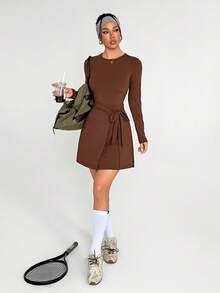 Dewbera Half-Wrap Long Sleeve Round Neck Tennis Style Sports Dress For Women - Brown - View 3