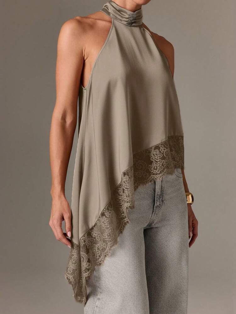 Halter Neck Satin Top With Asymmetrical Lace Hem