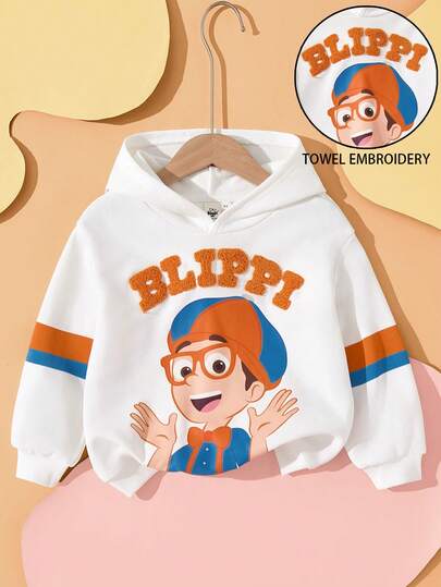 Blippi X SHEIN Young Boy Figure & Letter Graphic Oversized Hooded Sweatshirt, Autumn/Winter Boy Hoodie Anime Hoodie