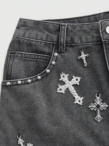 ROMWE Grunge Punk Spring/Summer Women's Cross & Rhinestone Decor Pocket Fashionable Denim Mini Skirt - Black - View 4