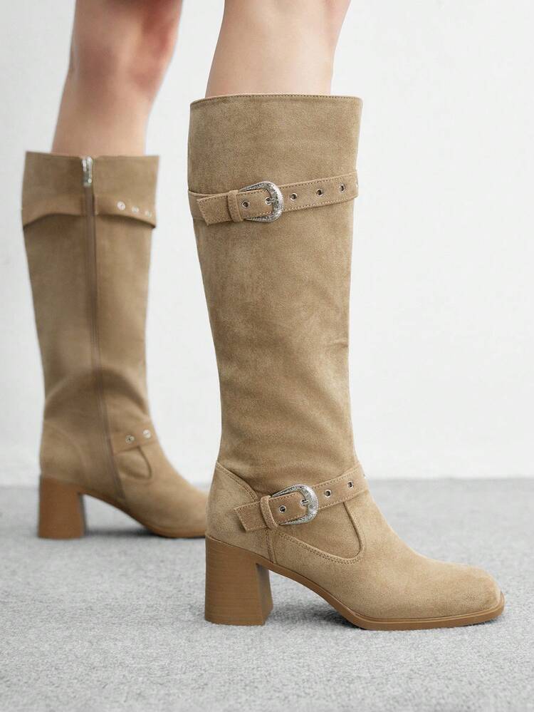 CUCCOO BIZCHIC Women's Fashion Over-The-Knee Boots, Square Toe Chunky Heel Design, Solid Khaki Color, Side Zipper With Multi-Strap Decor, Versatile For Skirts, Jeans, Coats, Suitable For Autumn/Winter, Fashion Shows, Commuting, Stylish Ladies Tall Boots
