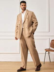EASEVO Plus Size Men's Solid Color Lapel NeckDouble-Breasted Suit Jacket And Suit Pants Casual Set - Brown - View 1