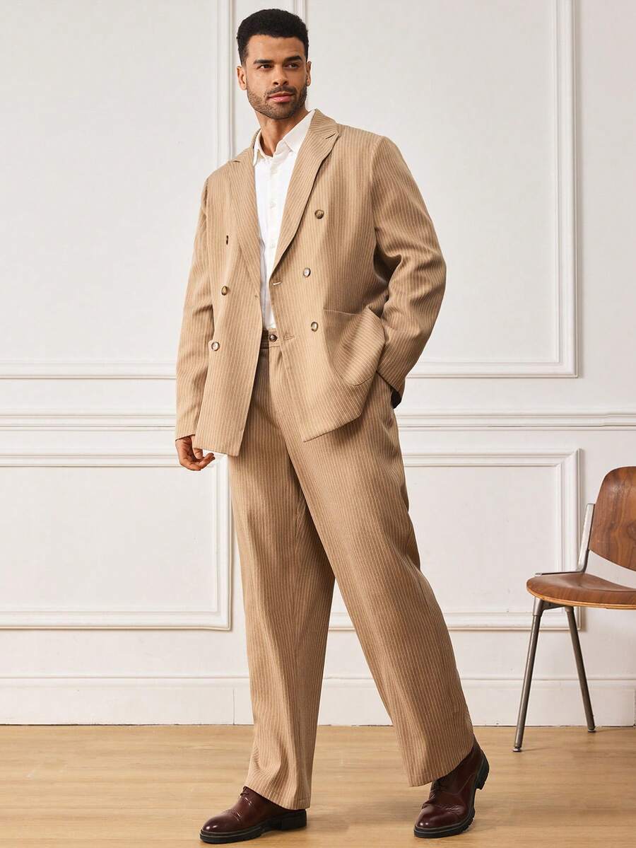 EASEVO Plus Size Men's Solid Color Lapel NeckDouble-Breasted Suit Jacket And Suit Pants Casual Set - Brown - View 1