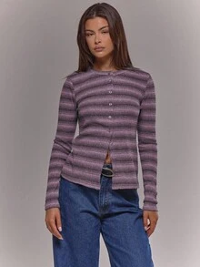 MUSERA Áo nữ dài tay kẻ sọc, chất liệu vải dệt, cài cúc phía trước, thích hợp cho mùa xuân hè và các dịp lễ. - Màu tím - Xem 5