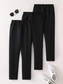 3pcs Letter Print Casual Minimalist Leggings For Teenage Girls, Fashionable Versatile Black Leggings Set - Multicolor - View 2
