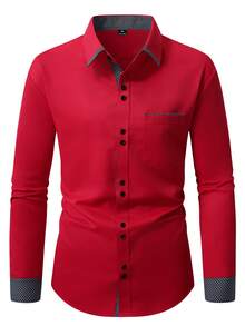 Manfinity Mode Chemise à manches longues décontracté pour hommes grande taille avec bordure contrastée, boutons, convient pour les déplacements, automne - Rouge - Voir 3