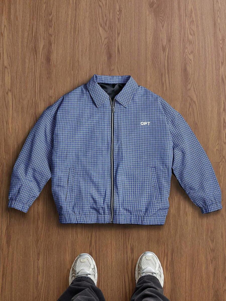 TOKVUE Men's Casual Jacket, INS Streetwear Plaid Zip-Up Loose Jacket, Suitable For All Seasons, Suitable For Music Festivals And Daily Wear, Gift For Boyfriend/Husband, Y2K Style , Blue Jacket , Blue Bomber Jacket , Plaid Jacket , Zip Up Jacket, Fall