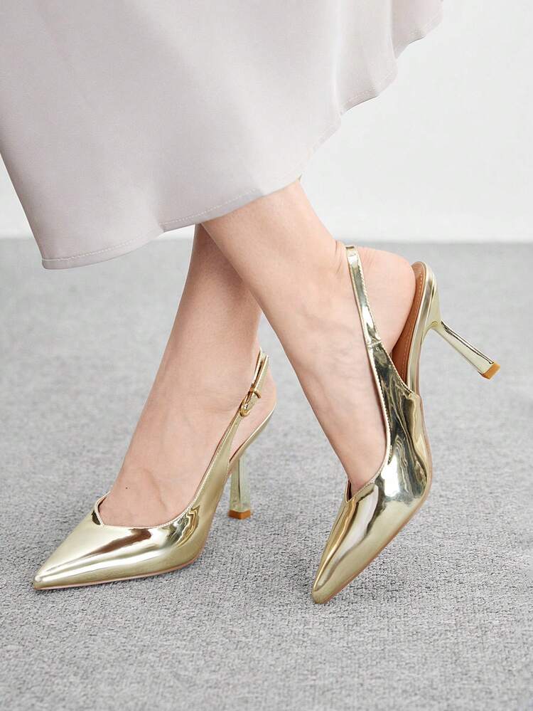 CUCCOO BIZCHIC Women's Pointed Toe Stiletto Heel Gold Backstrap Minimalist Commuting Daily Versatile High Heel Mule Pumps For Christmas Spring Shoes