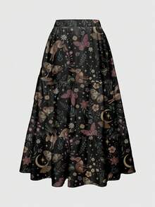 ROMWE Fairycore 女士三层全印花半身裙，兔子、植物、蘑菇、太阳、月亮、玫瑰、蝴蝶、飞蛾图案，自然暗黑美学设计 - 黑色 - 查看 2