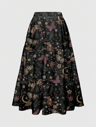 Fairycore Jupe imprimée sur toute la surface, 3 couches, pour femmes, avec des motifs de lapin, plante, champignon, soleil, lune, rose, papillon, mite dans un style sombre inspiré de la nature