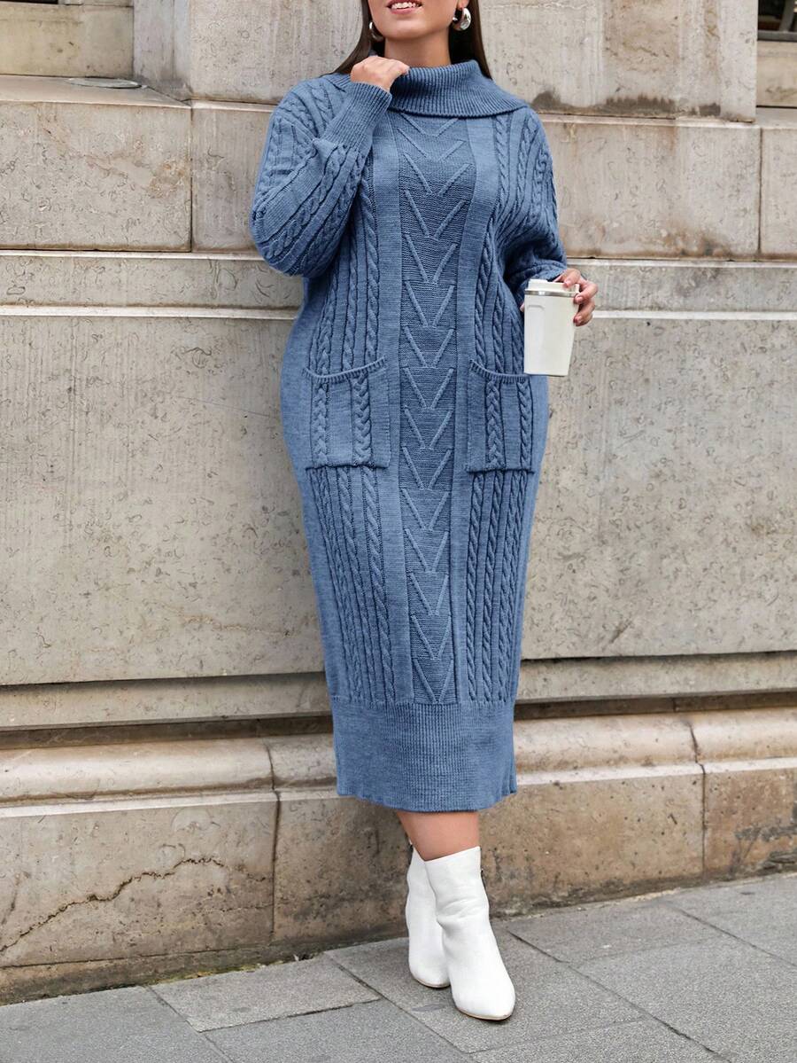 EURMUSE 大尺碼特殊設計毛衣洋裝 女款針織洋裝 - 霧霾藍 - 查看 1