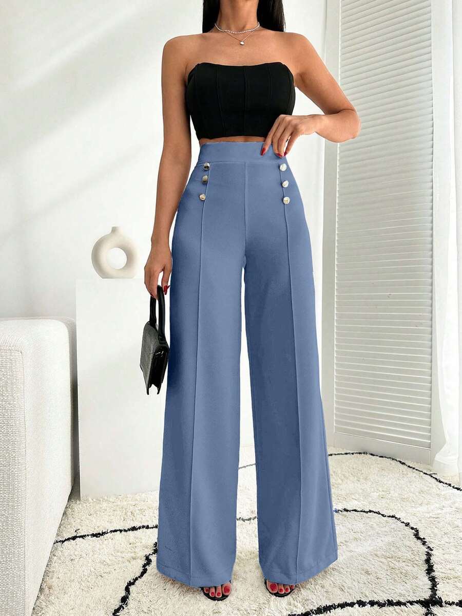 EURMUSE Pantalón palazzo de pierna ancha blanco con detalle de botones - Neblina azul - Ver 1