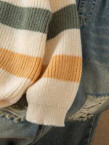 SHEIN Playful Pals 男童粗条纹针织毛衣，长袖，秋冬 - 杏色 - 查看 5