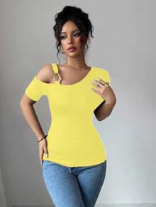 Elenzga Summer Casual Solid Color Asymmetric Collar Short Sleeve T-Shirt